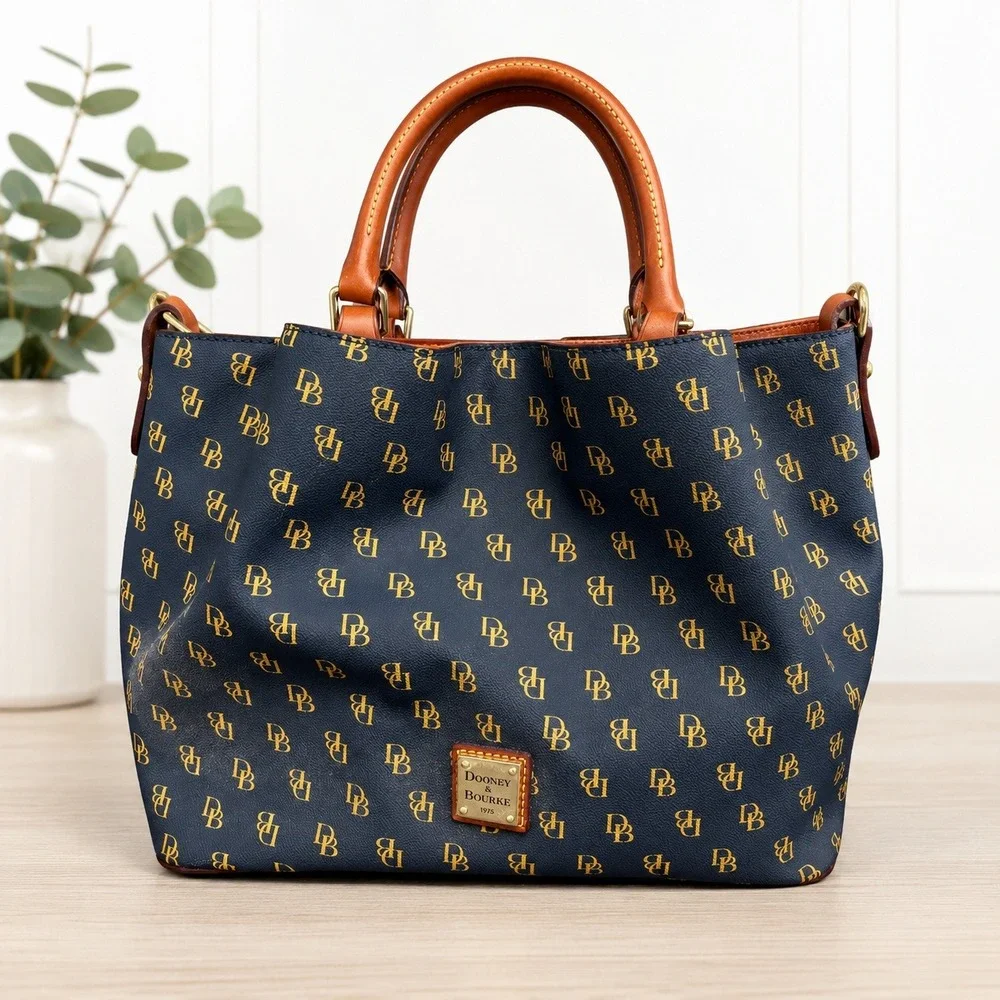 DOONEY & BOURKE Gretta Signature Monogram Satchel Navy Brown Leather Trim NWOT